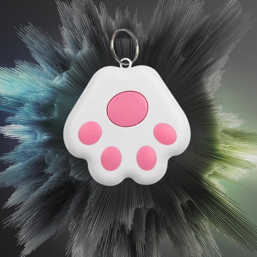Cat GPS tracker collar tag shaped like a white and pink paw, featuring a playful design with keyring attachment
