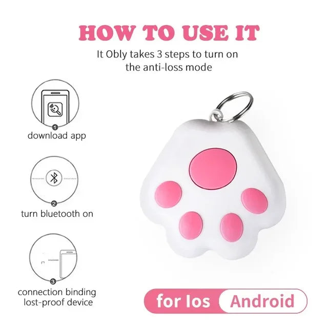 Pink paw-shaped GPS tracker with simple 3-step setup instructions, compatible with iOS and Android for anti-loss mode