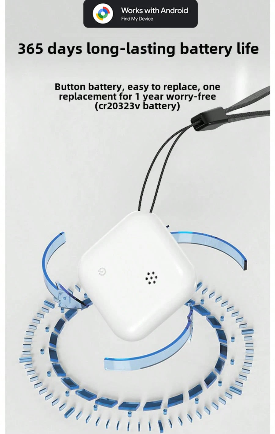 Long-lasting GPS phone tracker with CR2032 battery offering 365 days of usage, easy to replace design with lanyard