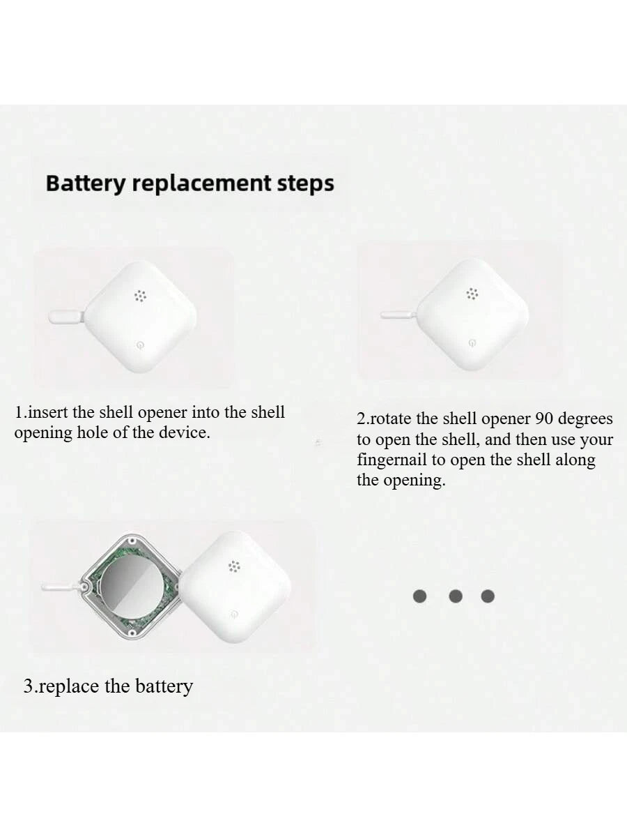 Step-by-step battery replacement guide for GPS phone tracker, showing shell opening and battery swap process