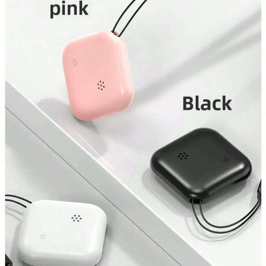 GPS phone trackers in pink, black, and white color options, designed with lanyard loops for easy attachment