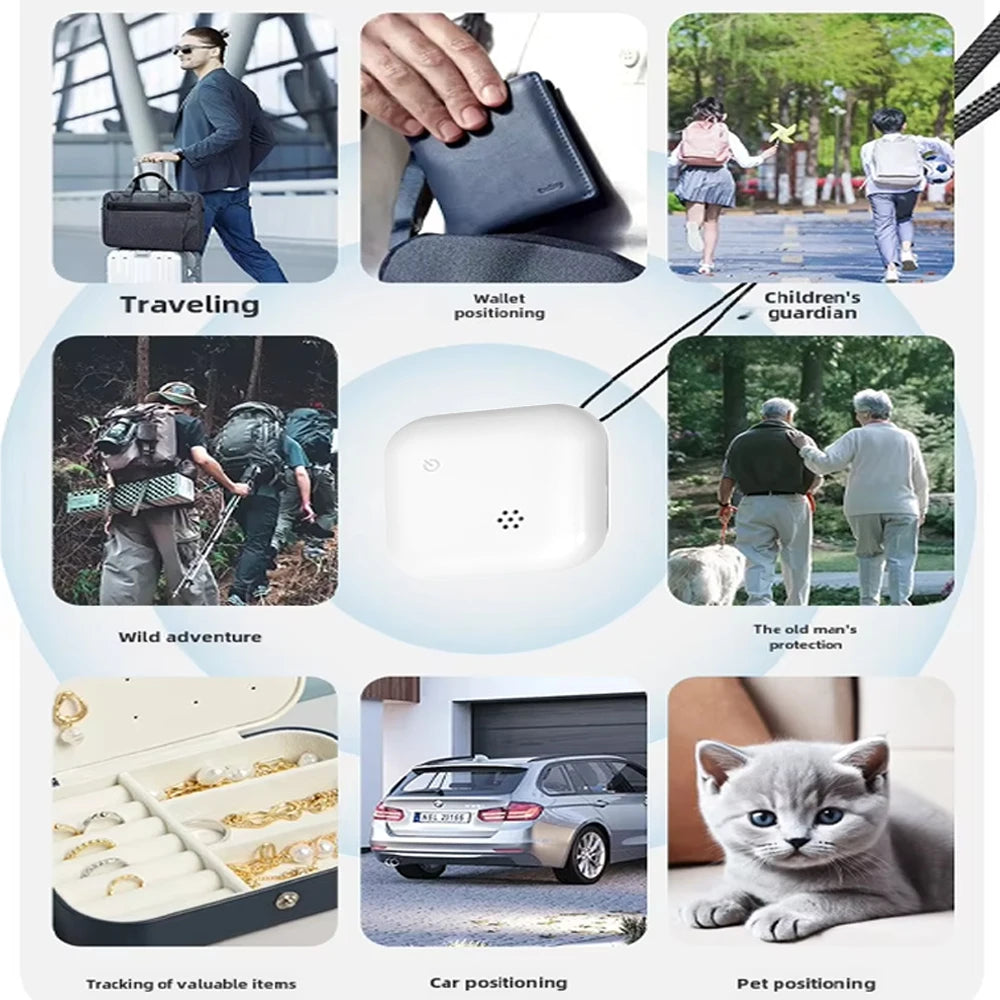 All-in-one GPS phone tracker for travel, wallet security, elderly safety, car tracking, and pet monitoring with visuals for each use