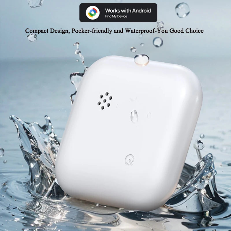 Waterproof white GPS phone tracker splashing in water, showing durability and pocket-sized design for daily use