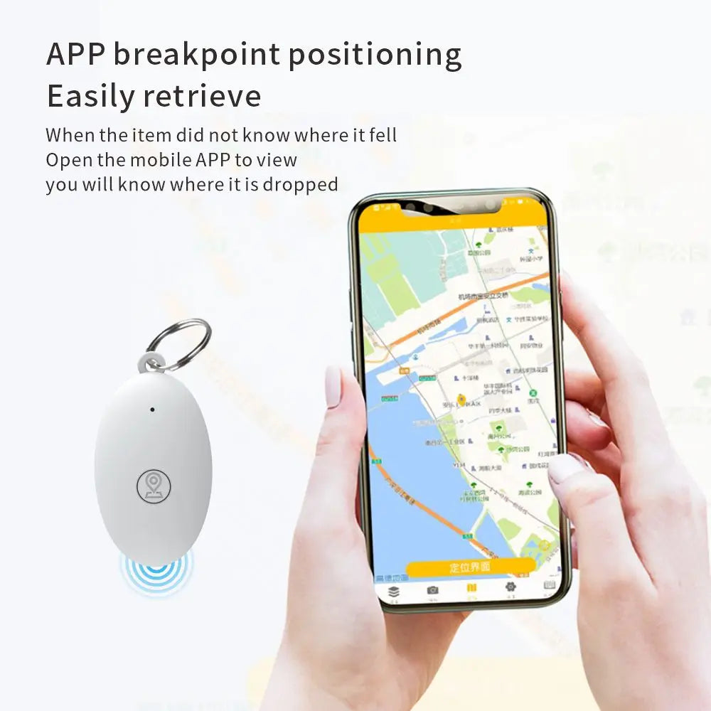GPS tracker for keys showing real-time location on smartphone map via app, demonstrating breakpoint positioning for lost item recovery