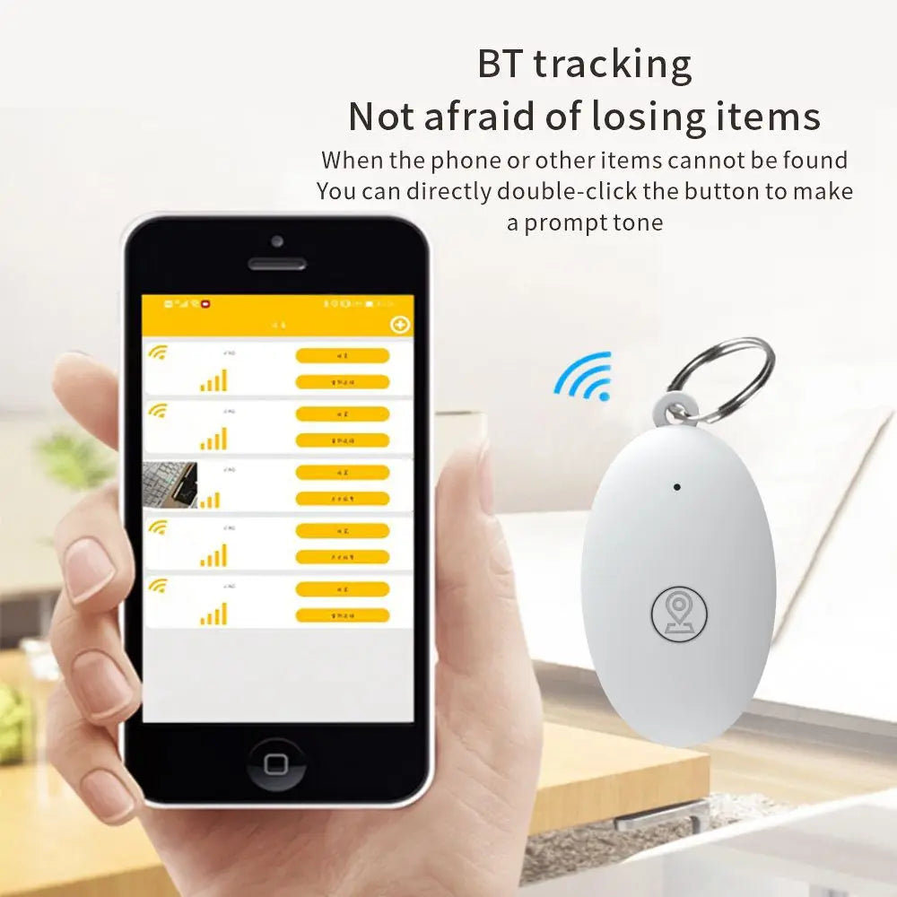 Bluetooth GPS tracker for keys paired with smartphone app for locating lost items, showing signal strength and device list on screen