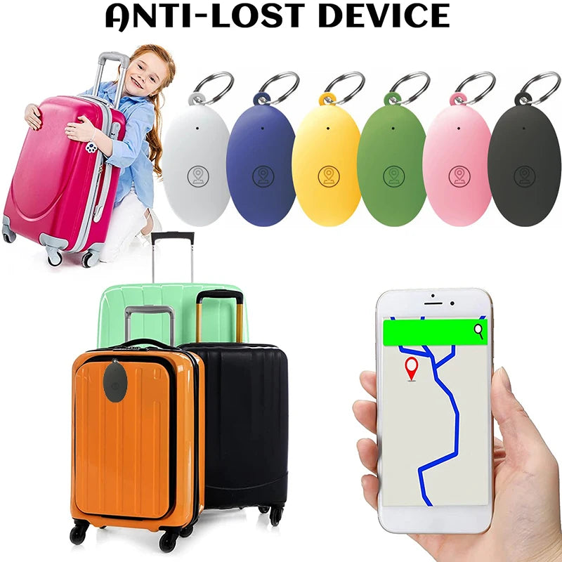 Colorful GPS trackers for keys attached to suitcases, showing luggage tracking and anti-lost feature via mobile app