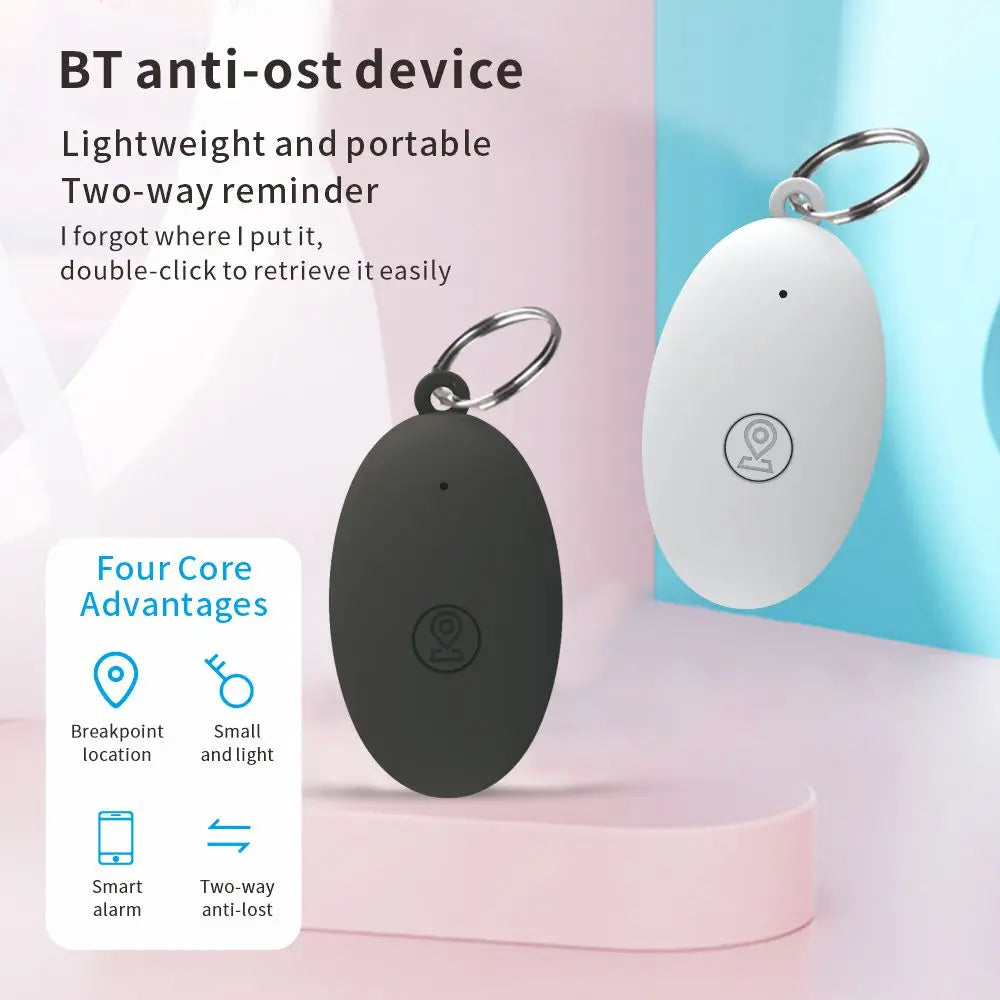 Lightweight GPS tracker for keys in black and white variants, highlighting two-way reminder, smart alarm, and breakpoint location features