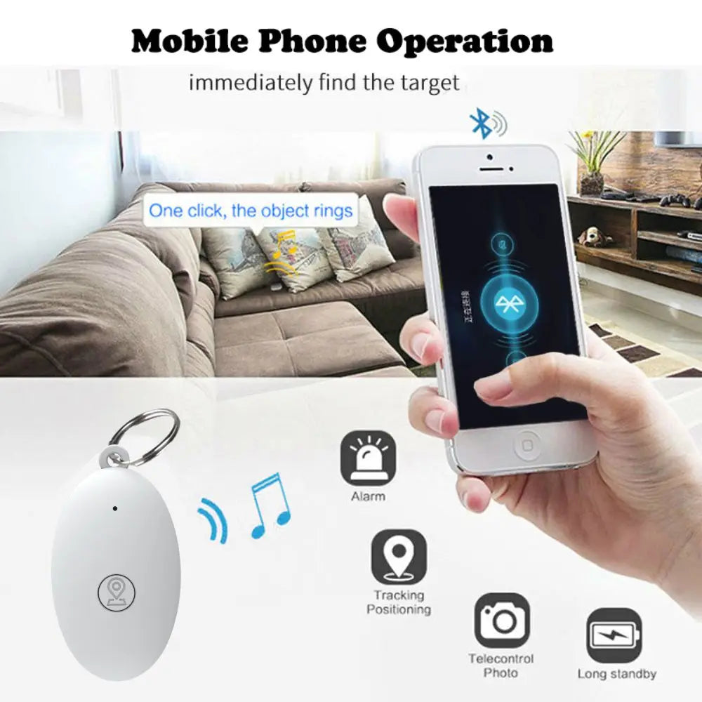 GPS tracker for keys connected to smartphone via Bluetooth, featuring one-click object finder, alarm, photo control, and tracking functions