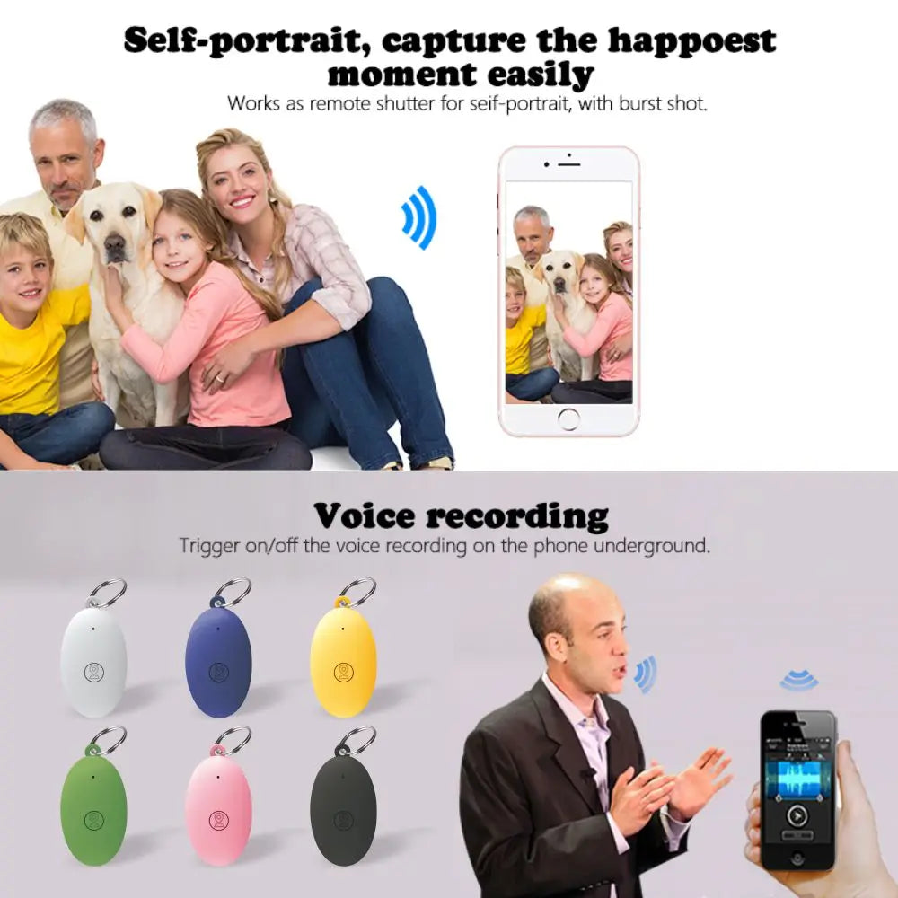 Multi-use GPS trackers for keys used as selfie shutter and voice recorder remote, compatible with smartphones for hands-free operation