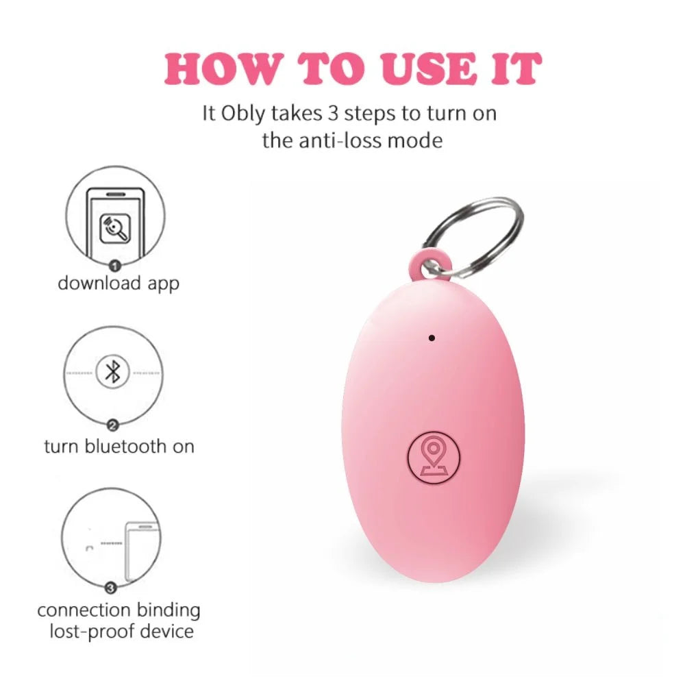 Pink GPS tracker for keys with 3-step setup instructions: download app, turn on Bluetooth, and bind device for anti-loss tracking