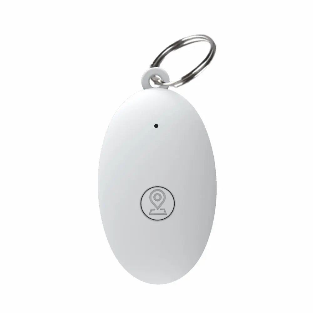 Minimal white GPS tracker for keys with compact oval shape and location icon button