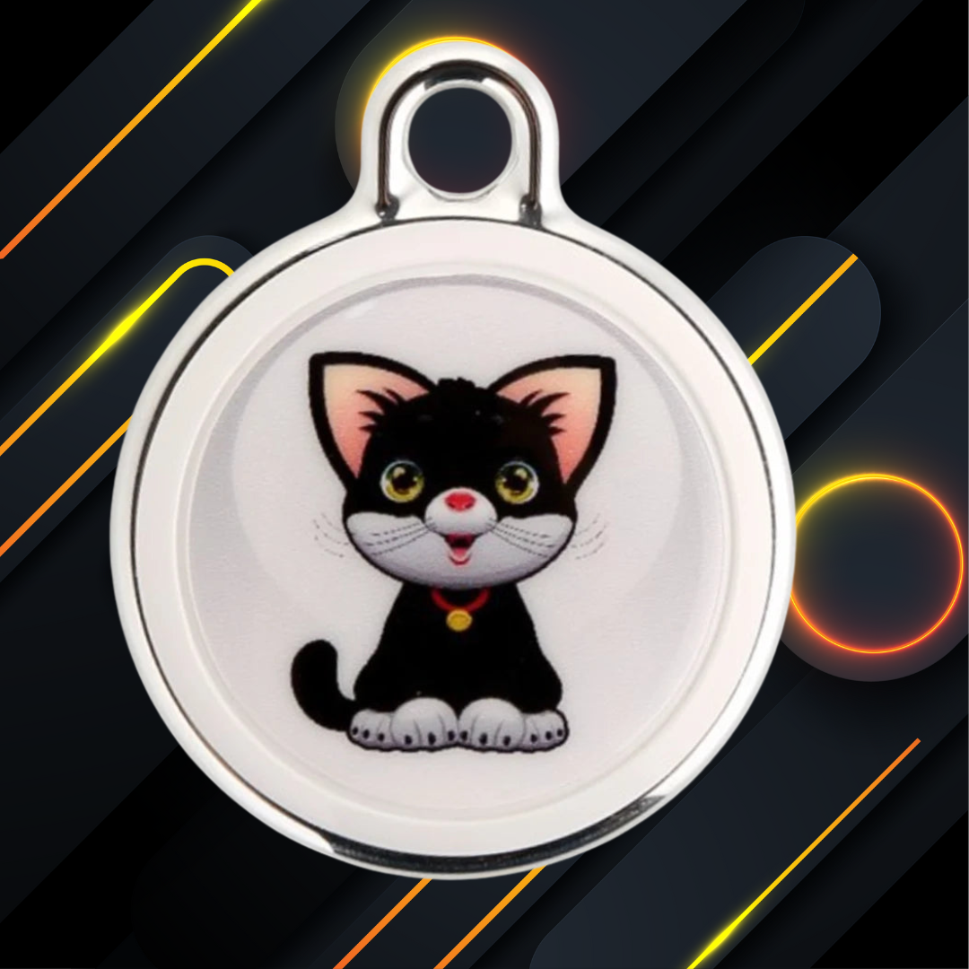 Close-up of cartoon black cat design on GPS tracker tag, set against black and yellow background