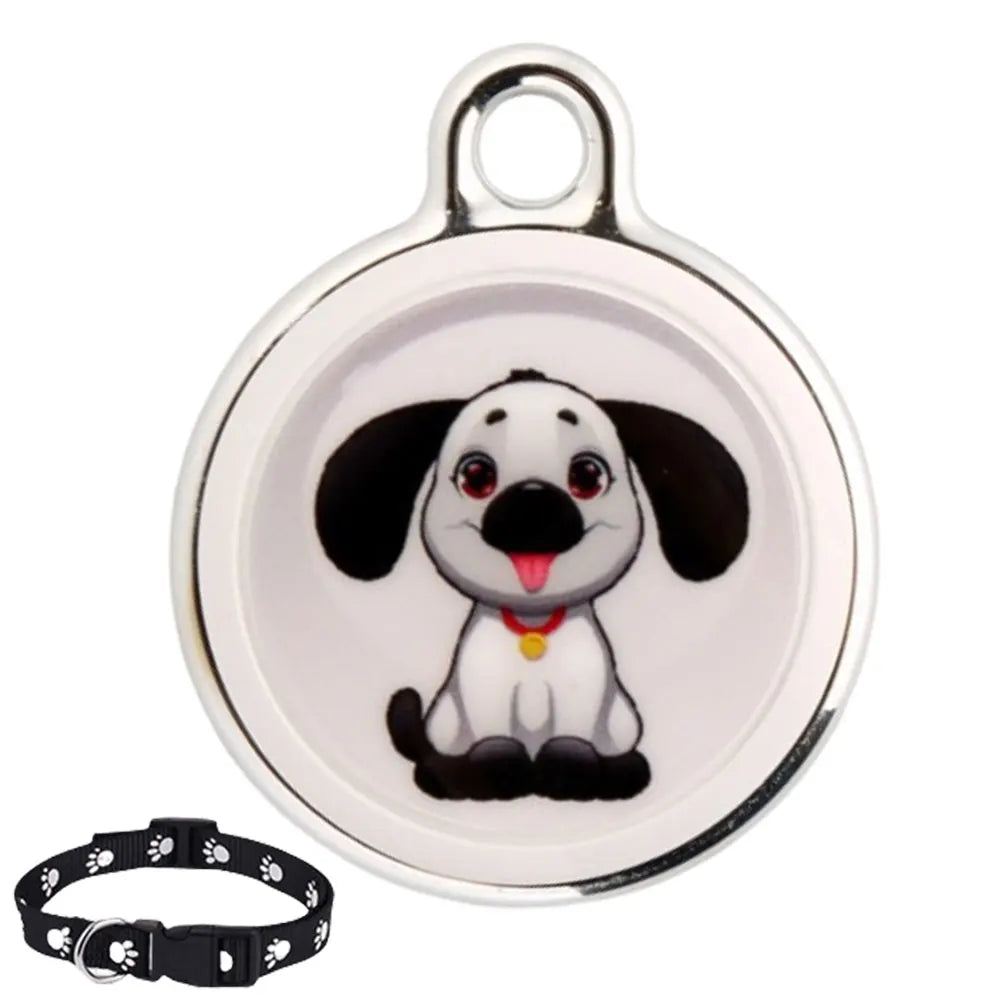 Cartoon dog pet GPS tracker tag paired with black paw print collar for easy pet tracking