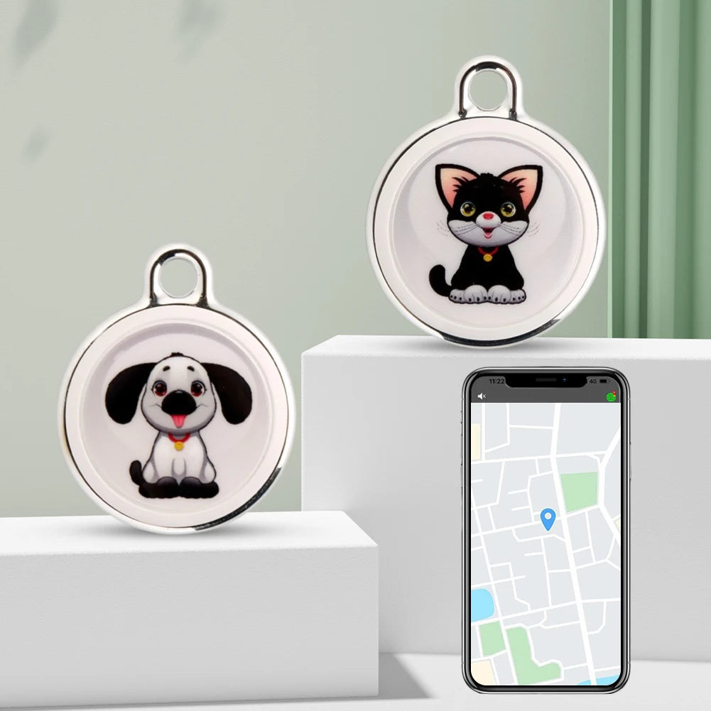 Set of GPS tracker tags with cat and dog cartoon designs, displayed beside a phone showing location tracking