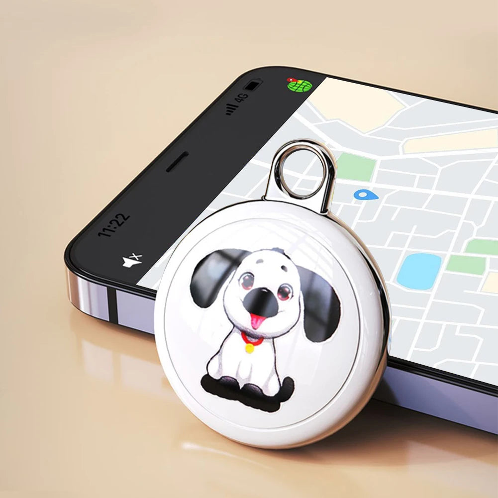 Dog-themed GPS tracker resting on a smartphone displaying pet’s live location on the map