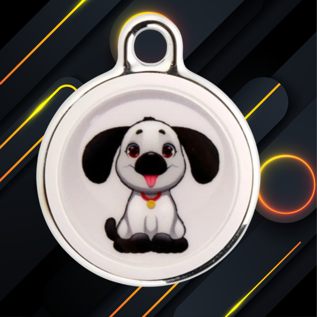 Close-up of dog-themed pet GPS tracker tag with cartoon puppy design, ideal for collars