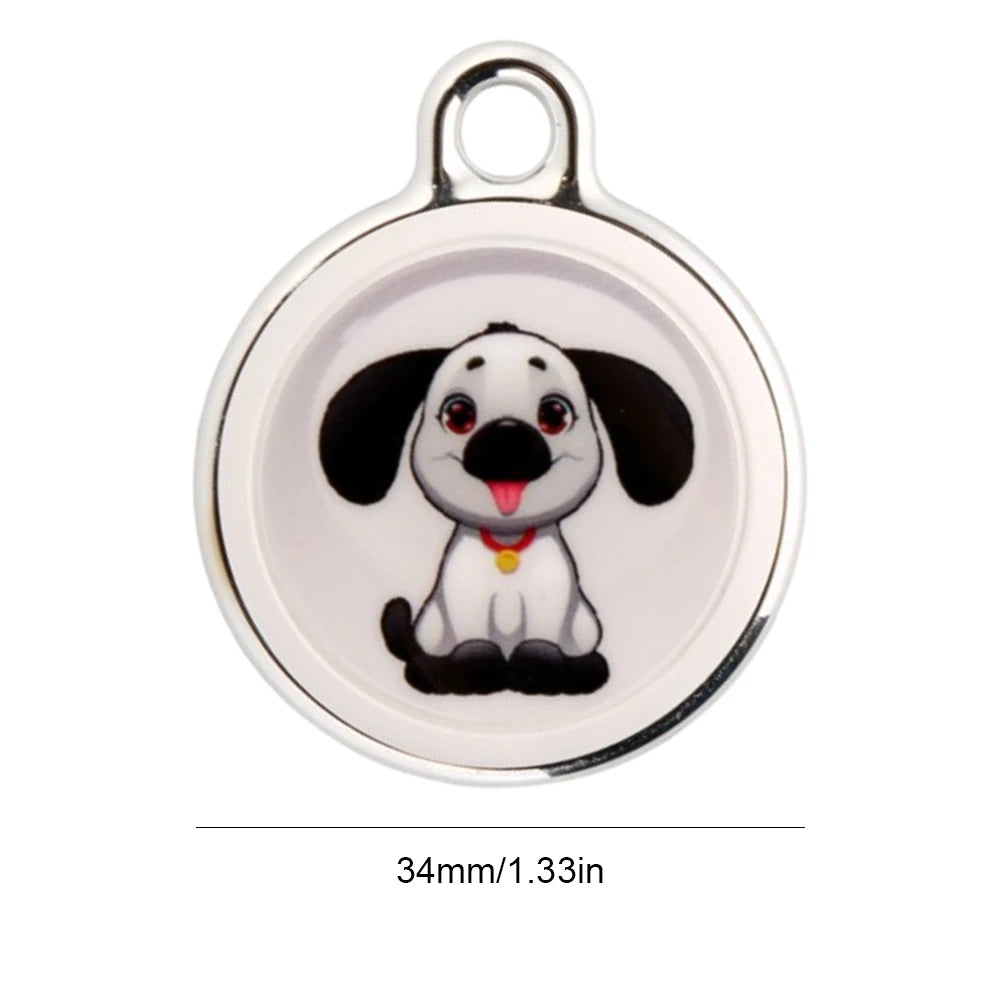 Dog-themed GPS tracker tag with cartoon design, displayed with 34mm (1.33in) size reference