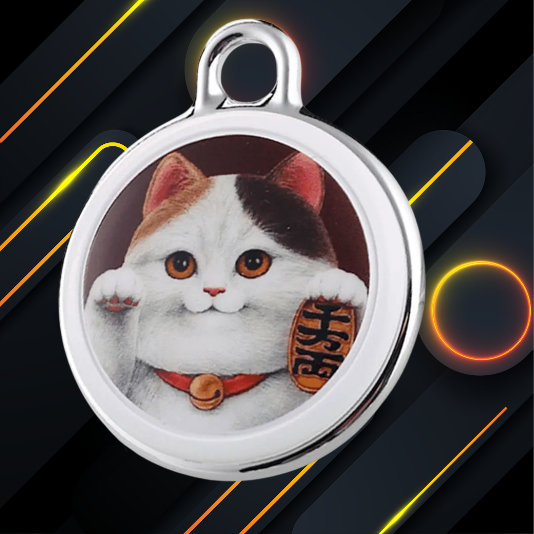 Angled view of lucky cat GPS tracker tag against black and neon stripe background, great for pets