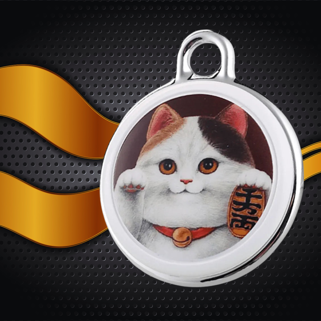 Japanese lucky cat themed GPS tracker tag for pets, displayed on dark dotted background with gold accent