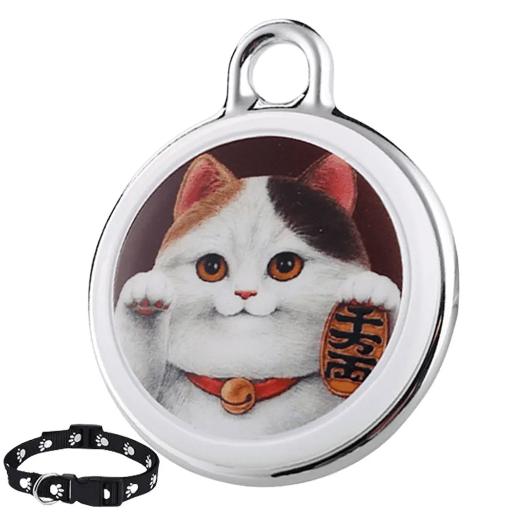 Pet GPS tracker tag featuring waving Japanese lucky cat design, paired with paw print collar