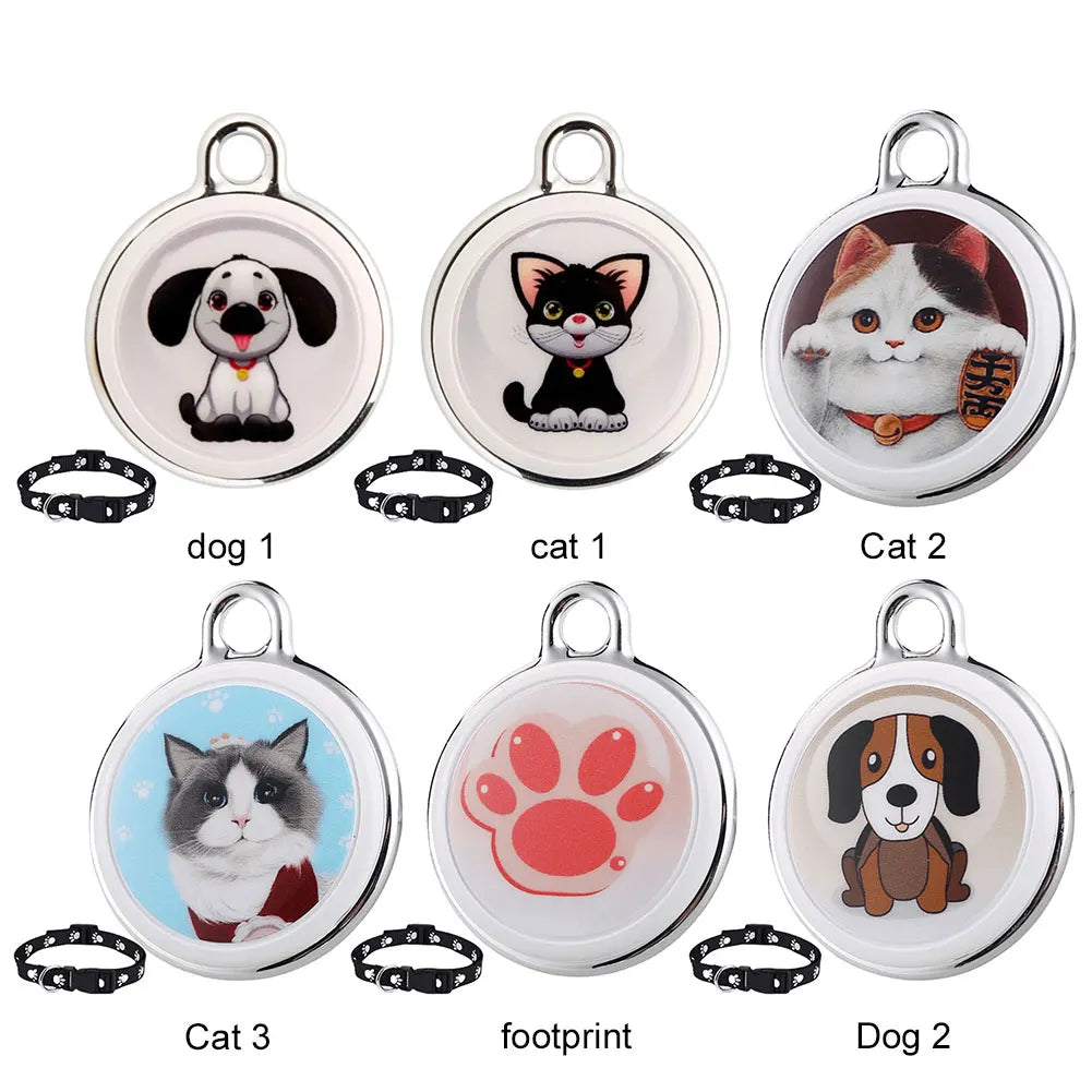 Variety pack of GPS tracker tags for pets including dog, cat, and paw print designs, each with matching collar