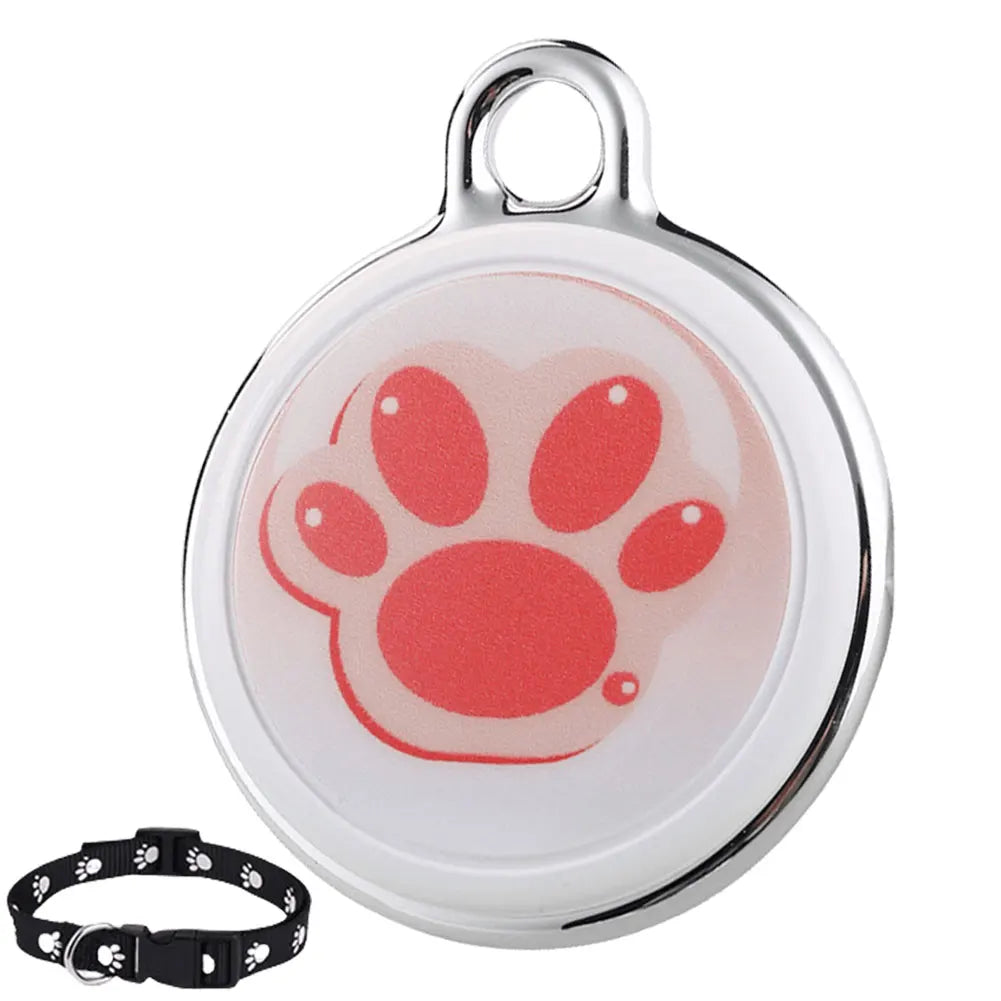 Red paw print design on a pet GPS tracker tag with matching collar, suitable for both cats and dogs