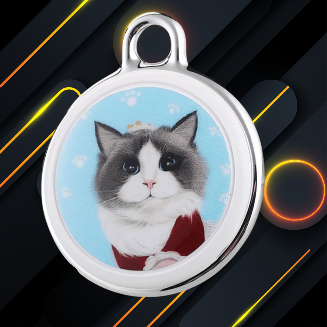 Pet GPS tracker with blue background and realistic ragdoll cat artwork, presented on stylish dark background