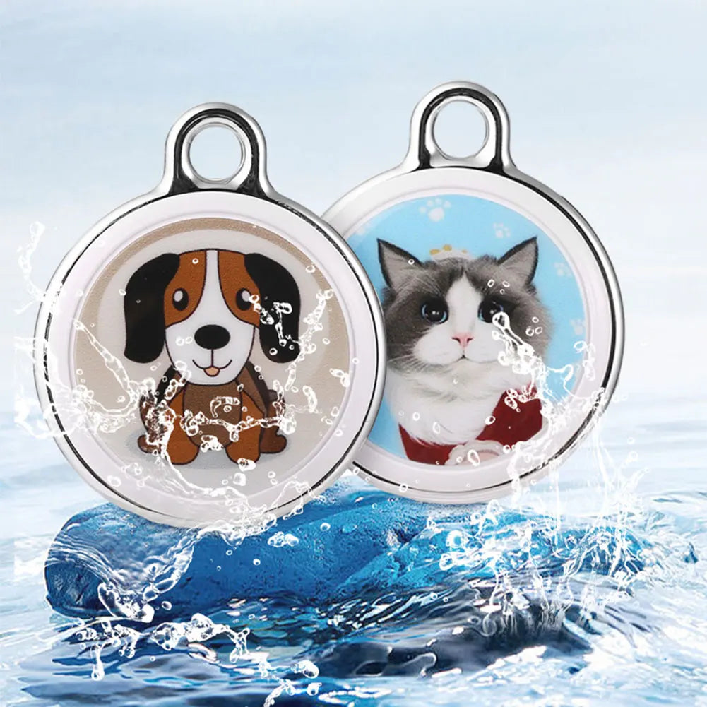 Waterproof GPS trackers for pets with cartoon dog and cat illustrations, shown with water splash effect