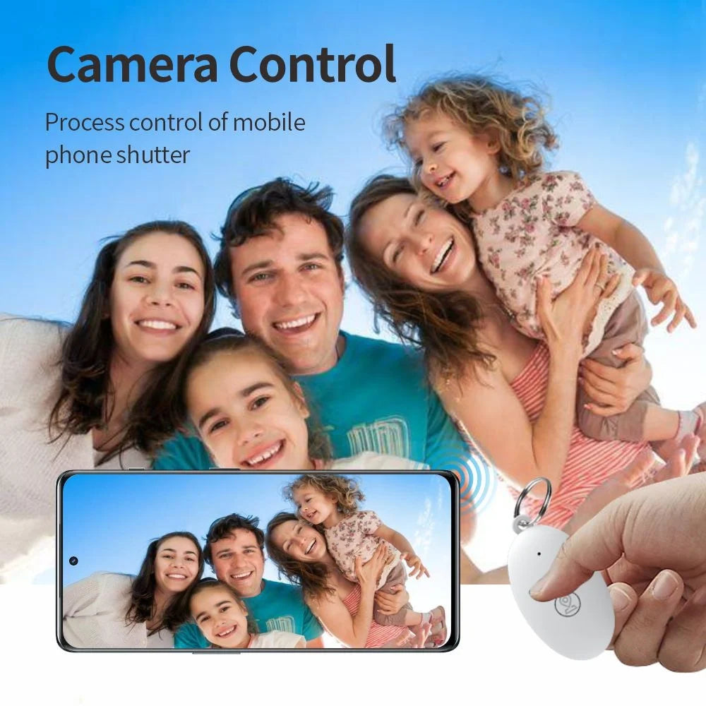 Family using GPS tracker for keys as a remote camera shutter to capture group photo with smartphone