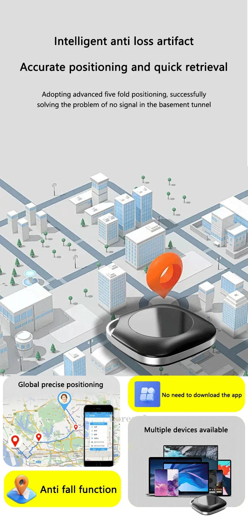 Smart anti-loss Bluetooth tracker with GPS positioning, multi-device support, and no app requirement for quick recovery