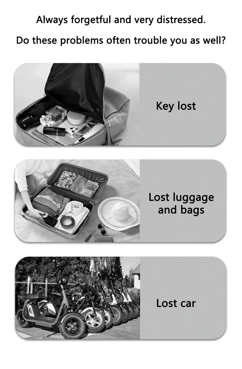 Visual representation of common issues solved by Bluetooth tracker such as lost keys, bags, and parked vehicles