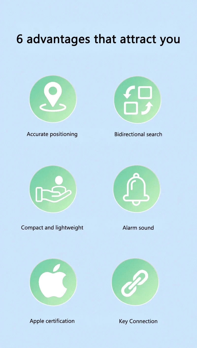 Bluetooth tracker highlighting 6 features including accurate positioning, alarm, lightweight design, and Apple compatibility