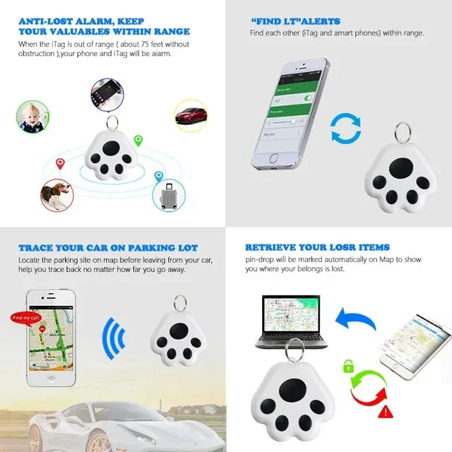 Paw-shaped GPS tracker shown with features like anti-lost alerts, car tracking, item retrieval, and find-it notifications via mobile app