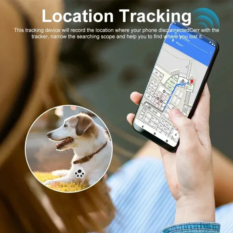 Smartphone showing location tracking of pet GPS collar device, with a dog wearing the tracker and map app interface visible