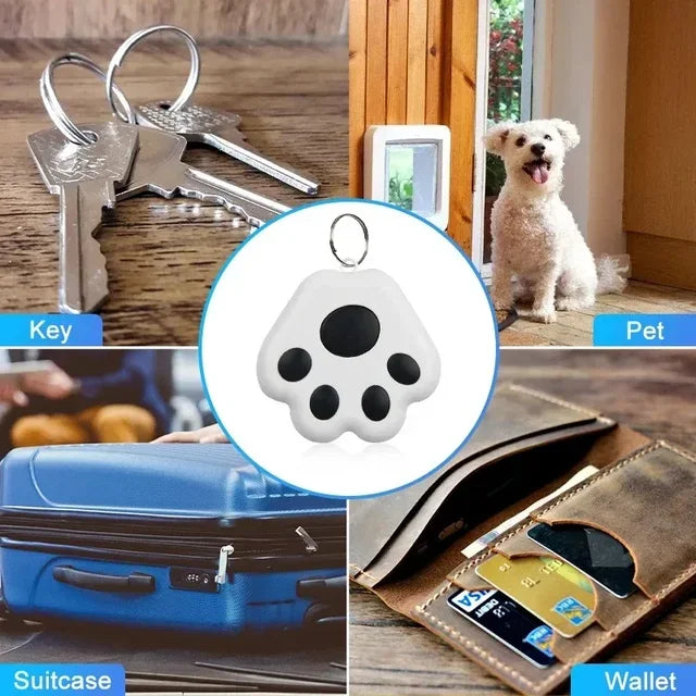  Paw-shaped cat GPS tracker collar tag shown used for locating keys, wallet, pet, and suitcase

