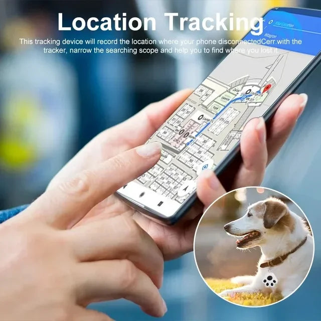 Smartphone displaying real-time location tracking with GPS collar, featuring a dog wearing the pet tracker in the inset