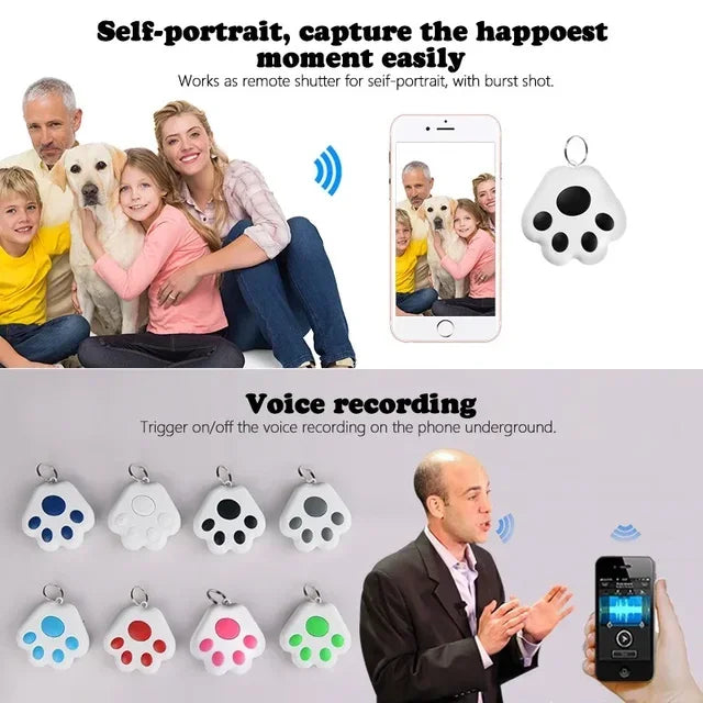 Cat GPS tracker collar with black paw design shown used for selfie remote shutter and voice recording trigger across multiple colors

