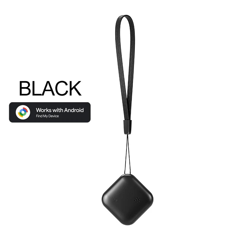 Black version of GPS phone tracker with Android compatibility and lanyard loop for easy attachment