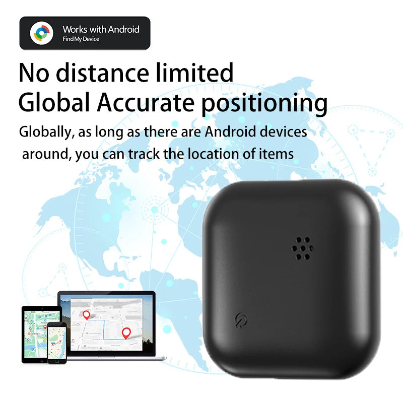Black GPS phone tracker with global positioning capabilities, compatible with Android and Google Find My Device