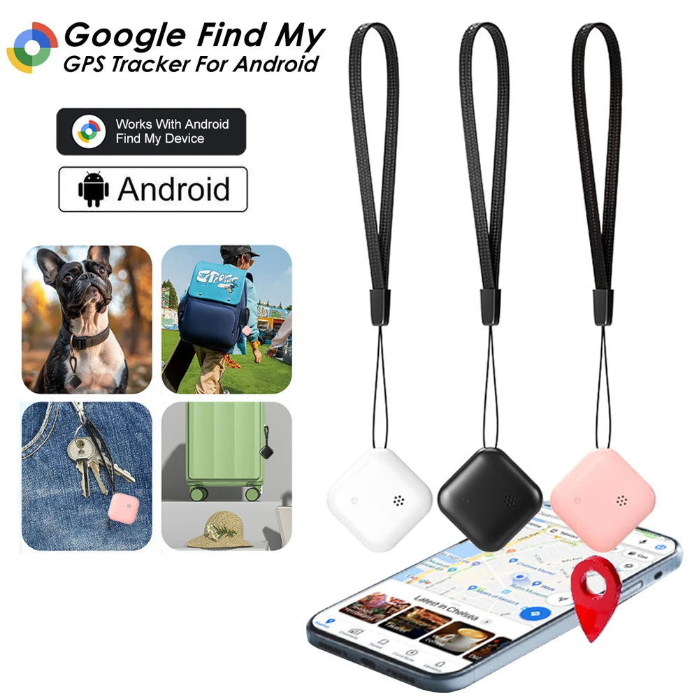 GPS phone trackers compatible with Google Find My Device, shown with Android phone and use cases like pets, bags, and luggage