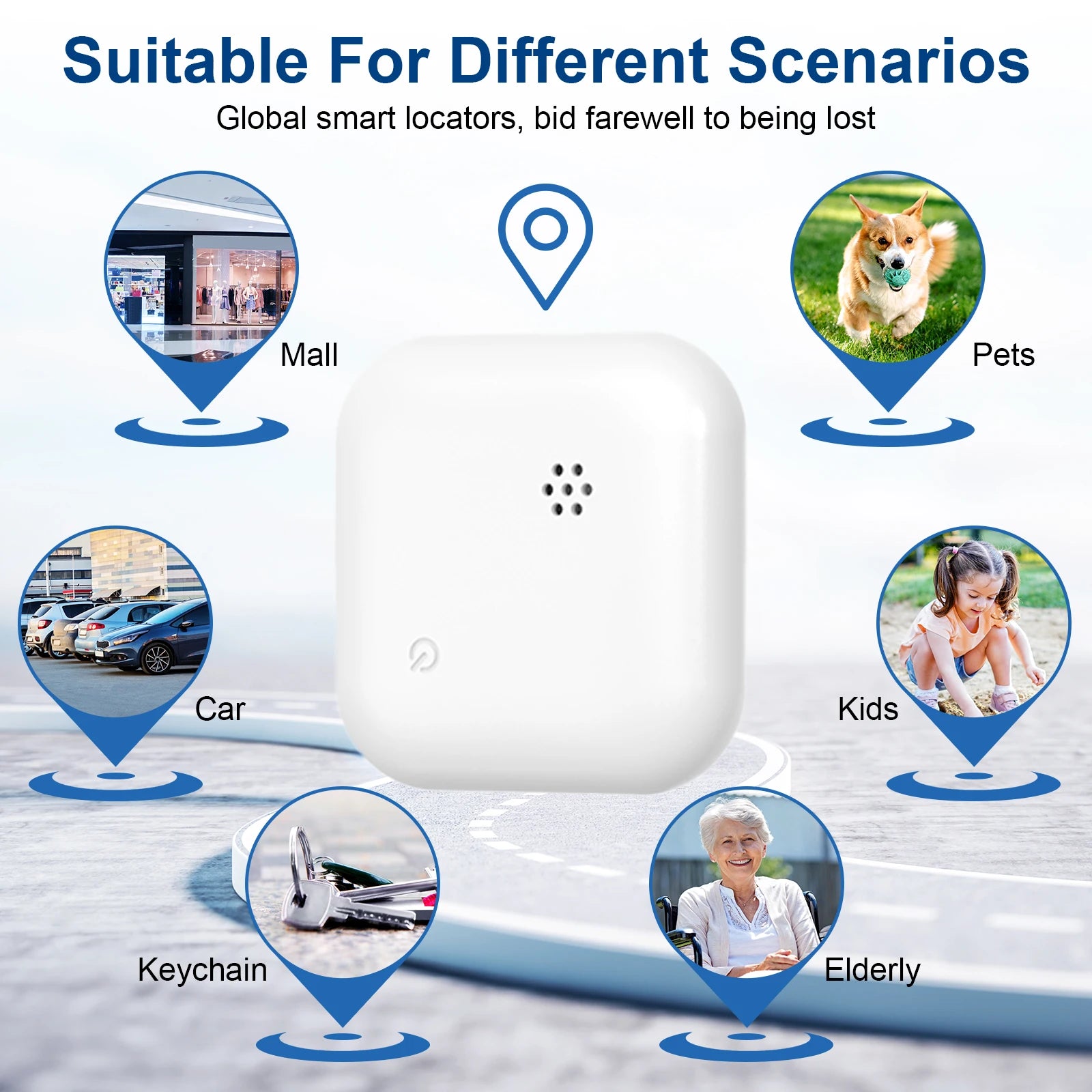 White GPS phone tracker suitable for pets, kids, elderly, cars, keychains, and mall visits, highlighting versatile tracking