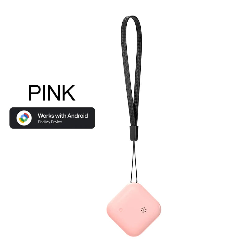 Pink GPS phone tracker with Android support, ideal for tracking personal items like wallets, keys, and bags