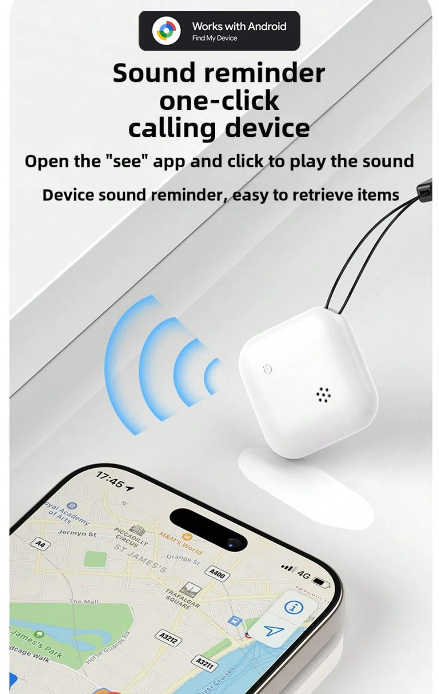 One-click sound reminder GPS phone tracker connected to smartphone app for easy retrieval of lost items