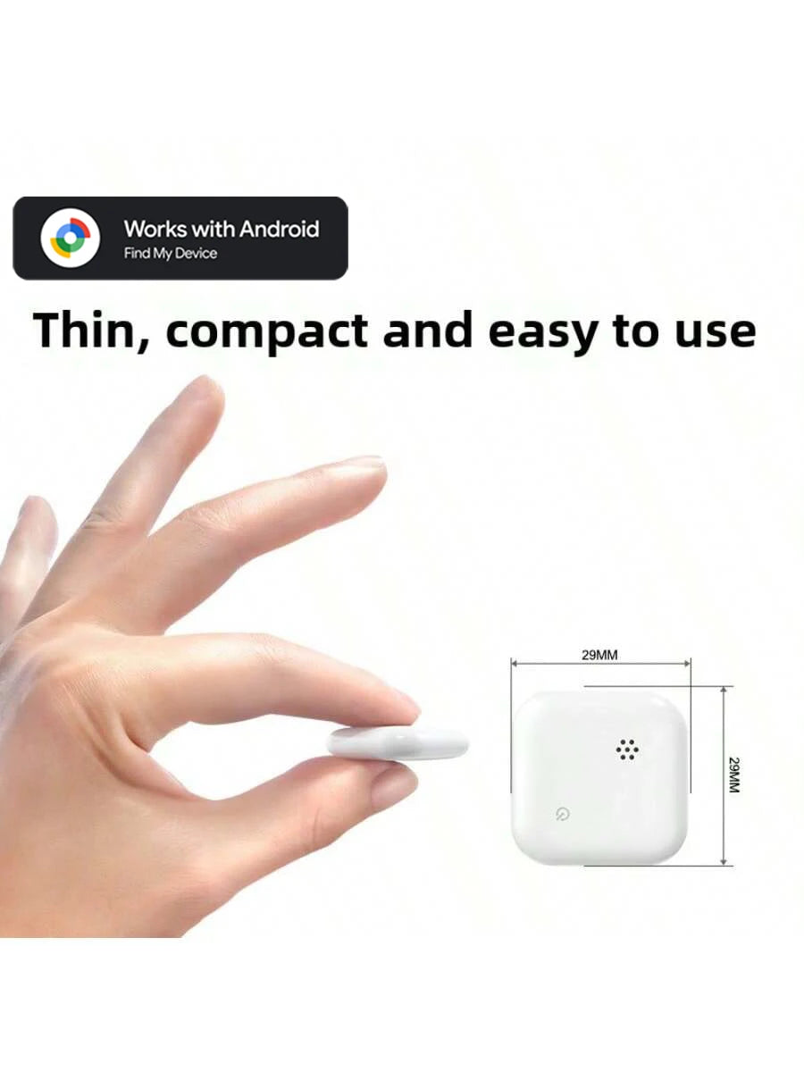 Ultra-thin and compact GPS phone tracker held between fingers, dimensions labeled for convenience and portability