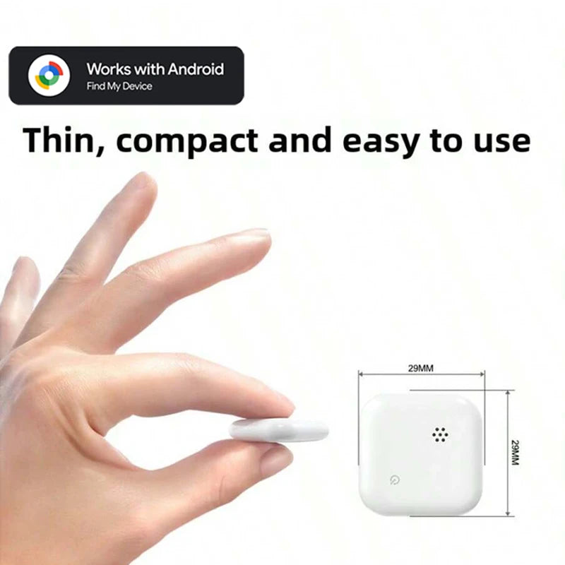 Slim white GPS phone tracker held between fingers with 29mm size dimensions, ideal for easy and compact usage
