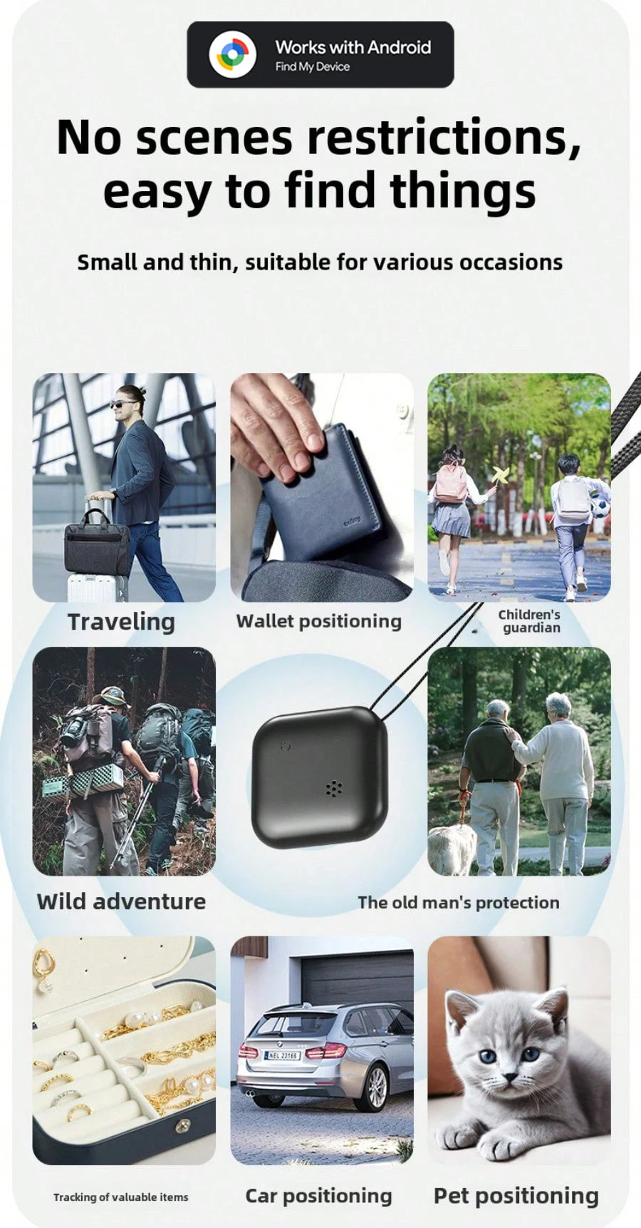 Black GPS phone tracker shown for various scenarios including traveling, pet tracking, car positioning, and wallets