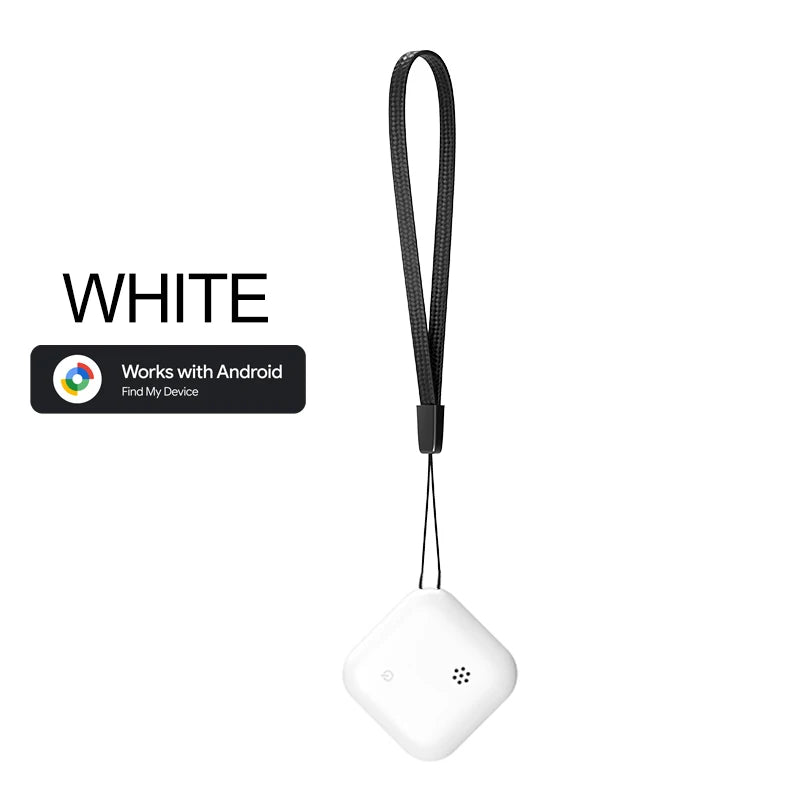 White GPS phone tracker compatible with Android Find My Device, shown with detachable lanyard