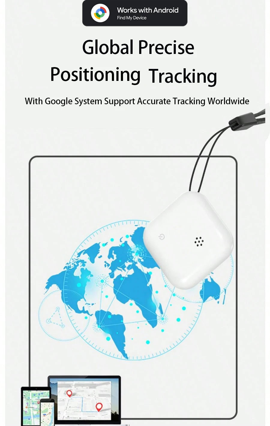 White GPS phone tracker with lanyard showing global location tracking supported by Google system for Android devices