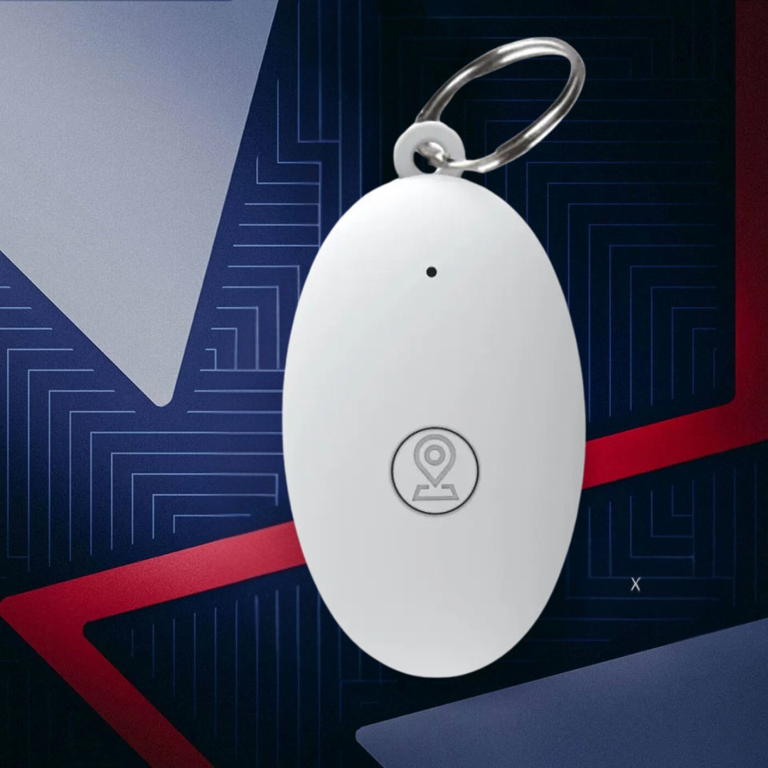White GPS tracker for keys with keychain ring, compact oval design and location icon on front