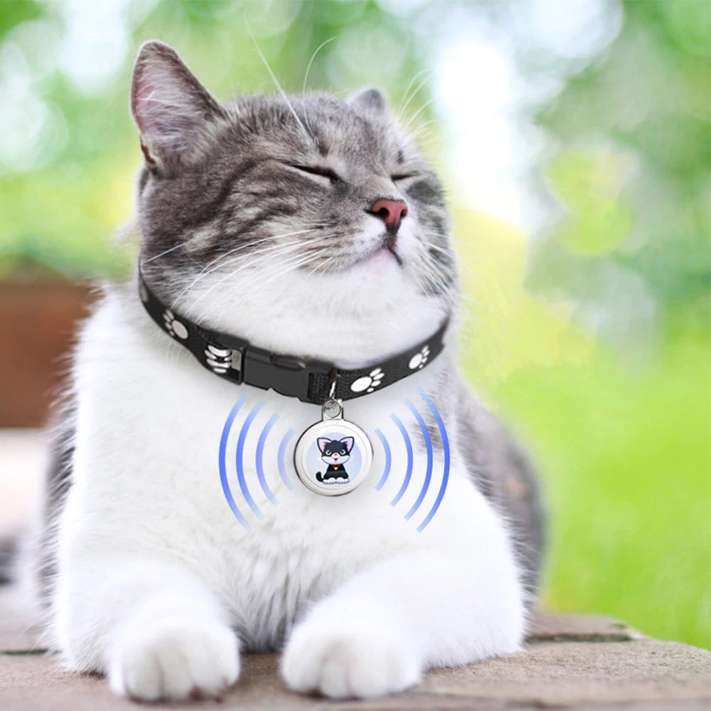 Cat wearing a GPS tracker on its collar, featuring a cartoon tracker tag and wireless signal icons